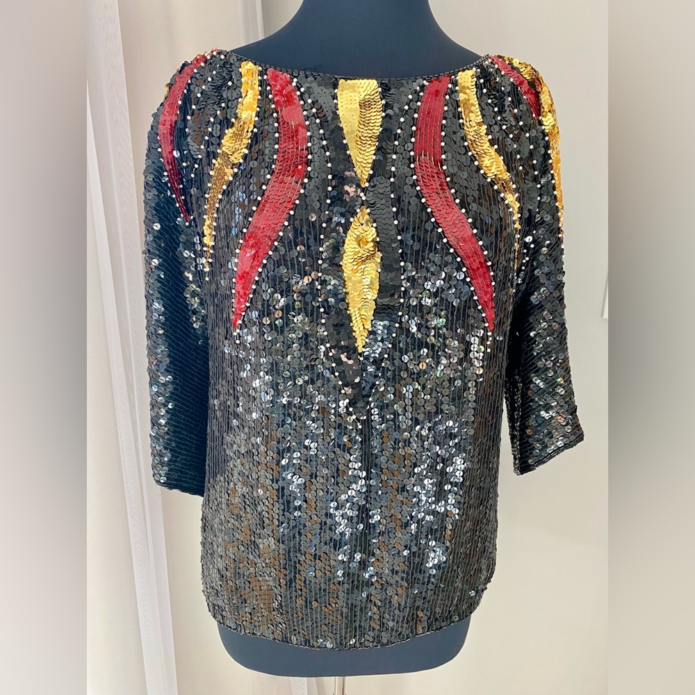 SHOMAX Women's Top Sequined Silk Black Vintage Cocktail Glam Retro Beaded Size M